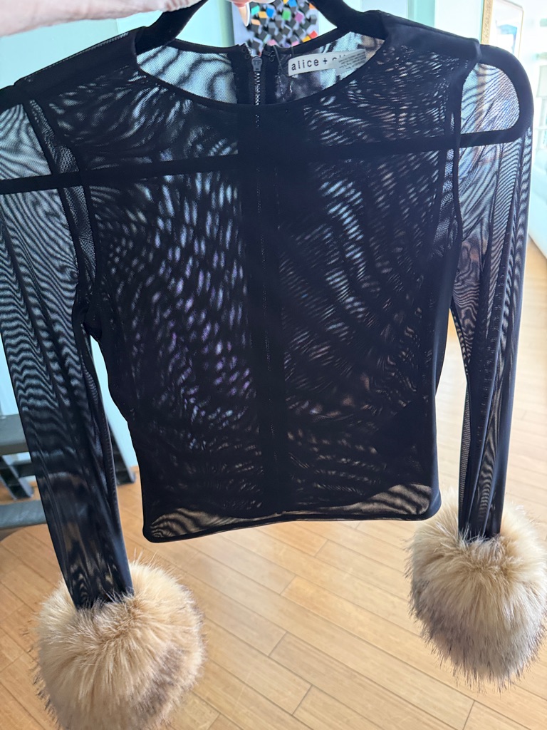 Alice + Olivia Black Sheer Mesh Top With Tan Faux Fur Cuffs